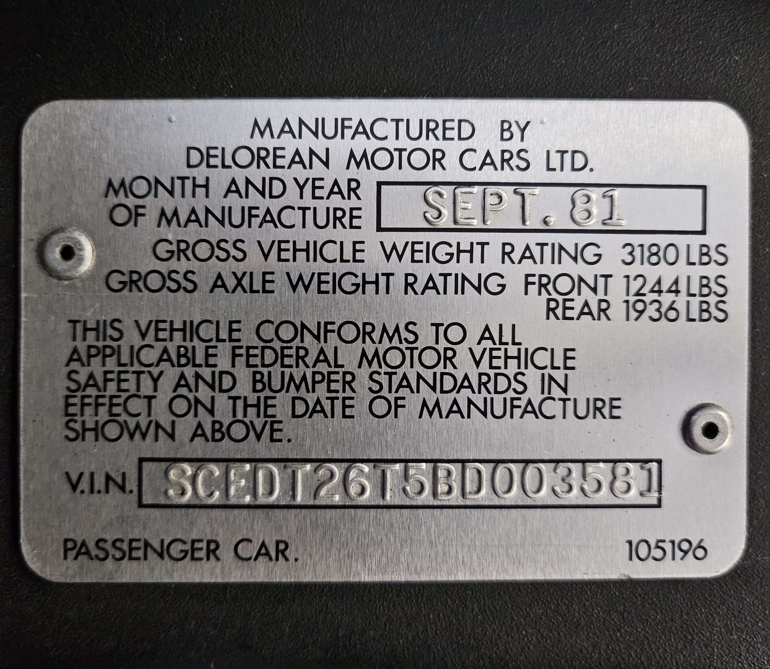 DeLorean vin 03581 - Image 3
